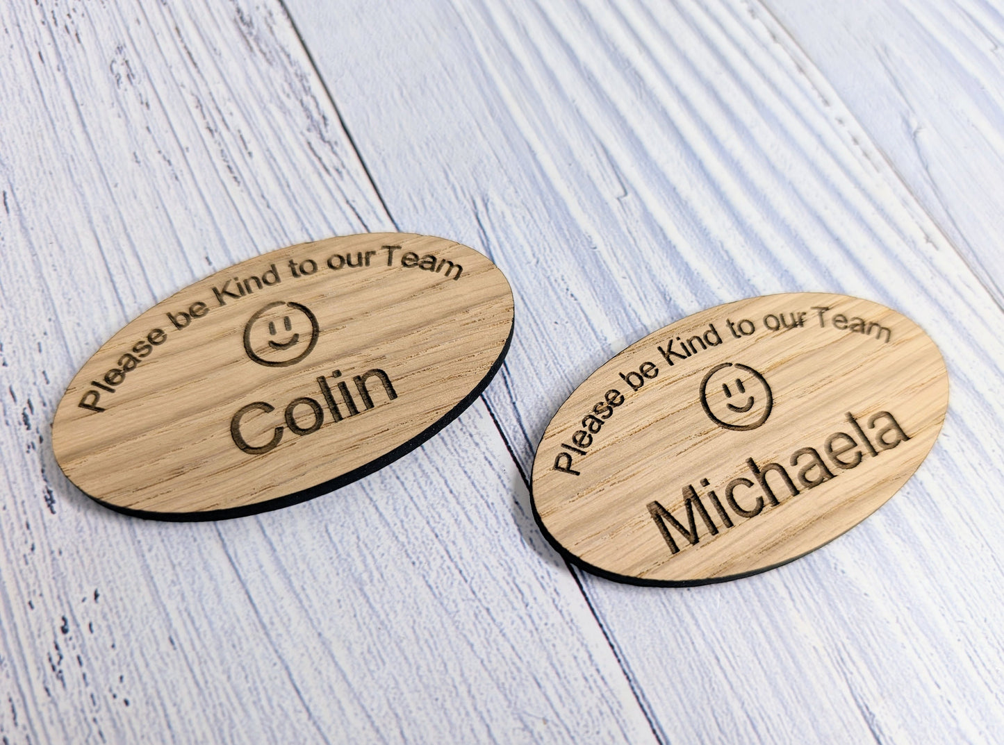 Personalised Oak Veneer Name Badge - Eco-Friendly, Oval 'Please Be Kind to Our Team' - Customisable for Company Name & Job Title