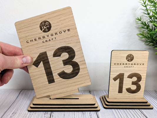 Custom Wooden Table Numbers, Company Logo Corporate Events - 2 Sizes, Single or Double-Sided