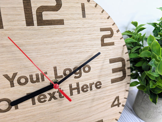 Engraved Oak Veneer Clock: Personalised Text & Logo, 30cm