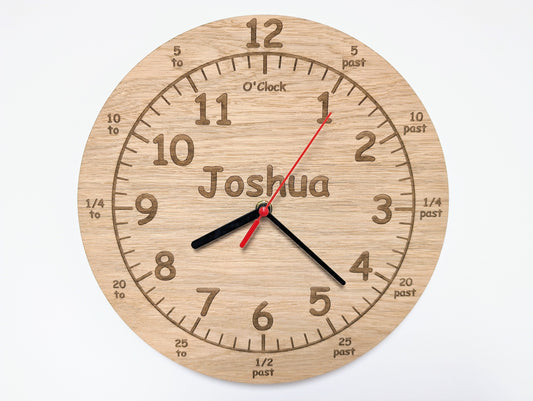 Personalised Wooden Time Teaching Clock, Learn to Tell Time with Custom Name Engraving - Eco-Friendly Child's Educational Toy, Made in Wales