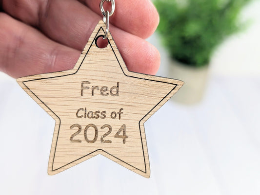 Personalised 'You're a Star - Class of xx' Wood Keyring - Wooden Student Gift, End of Year - Custom Name Engraved - Eco Gift for Students