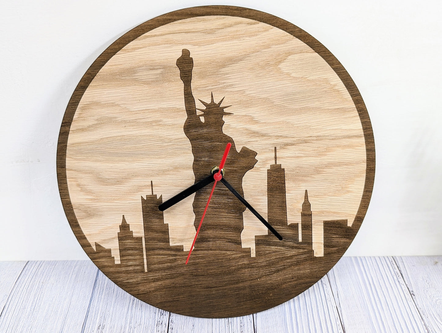 New York Skyline Wooden Clock - Urban Chic Wall Decor, Stylish Cityscape Timepiece, Oak Veneer, Engraved Skyline, NYC Wall Art