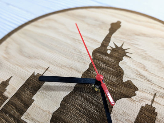 New York Skyline Wooden Clock - Urban Chic Wall Decor, Stylish Cityscape Timepiece, Oak Veneer, Engraved Skyline, NYC Wall Art
