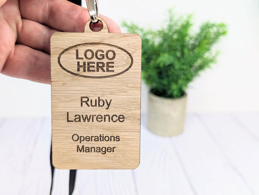 Wooden Name Badges with Lanyards, Personalised Oak Veneer Eco Staff Name Badges on Lanyards - Bulk Discounts, Staff Tags, Add Your Logo