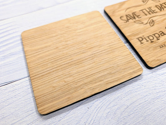 Personalised 'Save The Date' Wooden Coasters - Custom with Names & Date, 90mm x 90mm, Unique Oak Veneer Wedding Favours