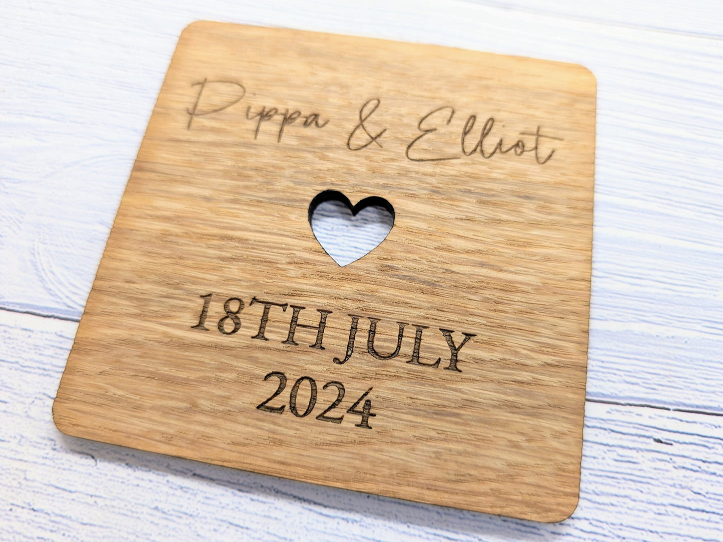 Personalised Oak Veneered Wedding Coasters - Customisable with Names, Date & Heart Design, 90mm x 90mm, Unique Wooden Wedding Favours