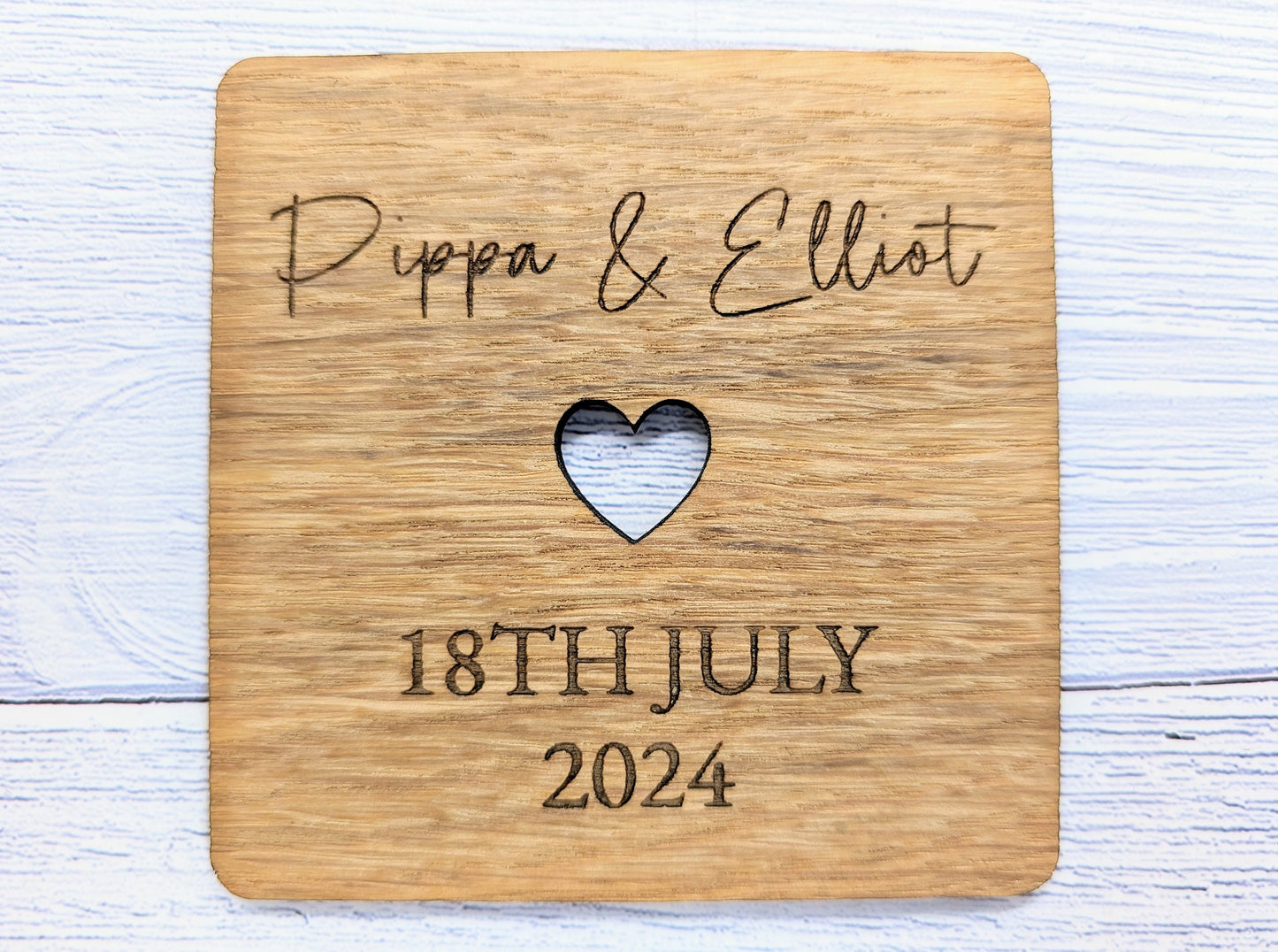 Personalised Oak Veneered Wedding Coasters - Customisable with Names, Date & Heart Design, 90mm x 90mm, Unique Wooden Wedding Favours