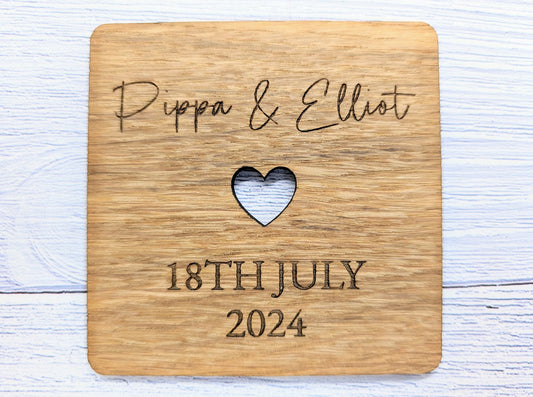 Personalised Oak Veneered Wedding Coasters - Customisable with Names, Date & Heart Design, 90mm x 90mm, Unique Wooden Wedding Favours
