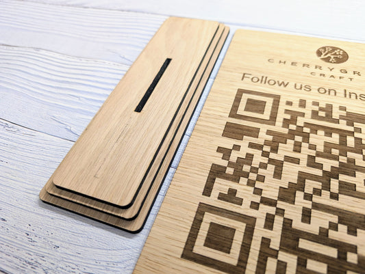 QR Code 'Follow Us on Instagram' Custom XL Wooden Table Sign, Personalised Logo & Social Media Link, Eco-Friendly, Business Use, Extra Large