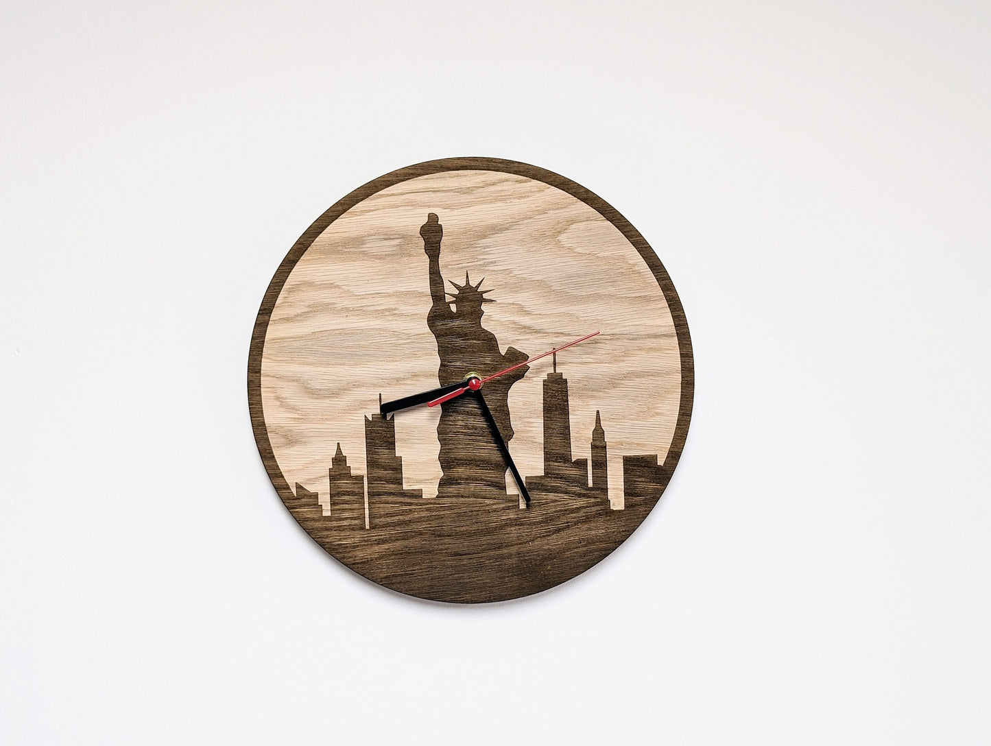 New York Skyline Wooden Clock - Urban Chic Wall Decor, Stylish Cityscape Timepiece, Oak Veneer, Engraved Skyline, NYC Wall Art