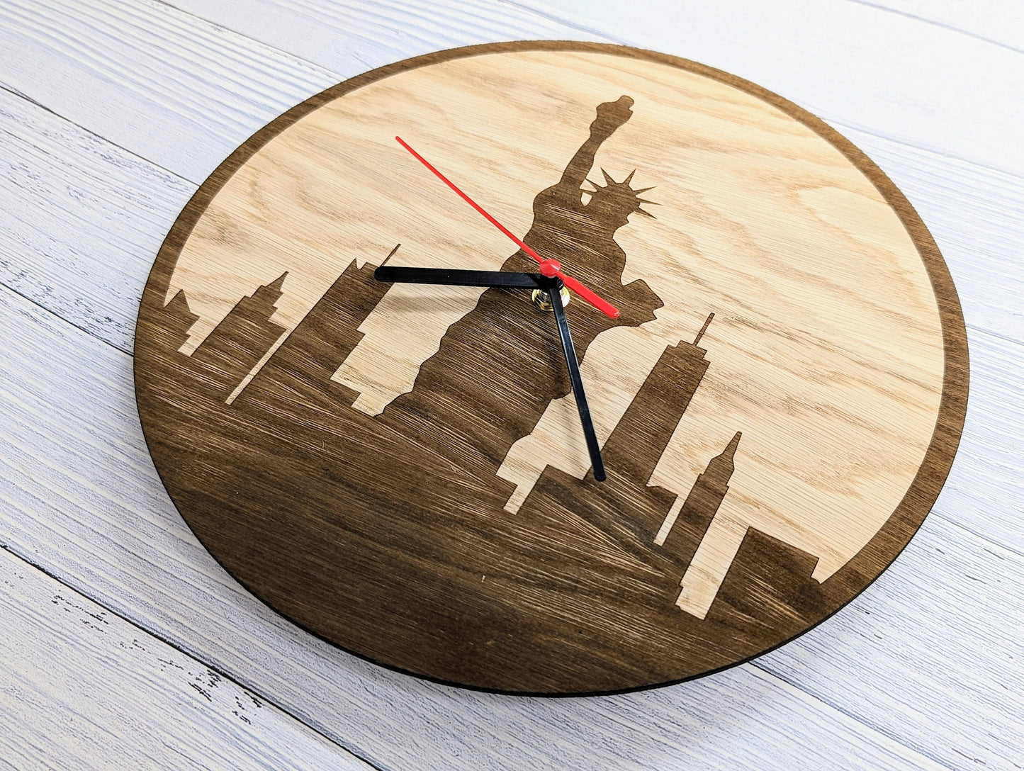 New York Skyline Wooden Clock - Urban Chic Wall Decor, Stylish Cityscape Timepiece, Oak Veneer, Engraved Skyline, NYC Wall Art