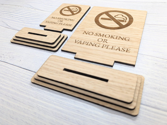 Freestanding "No Smoking or Vaping Please" Wooden Table Sign, Oak Finish, Ideal for Cafes, Restaurants & Public Spaces etc, 2 Sizes, Signage