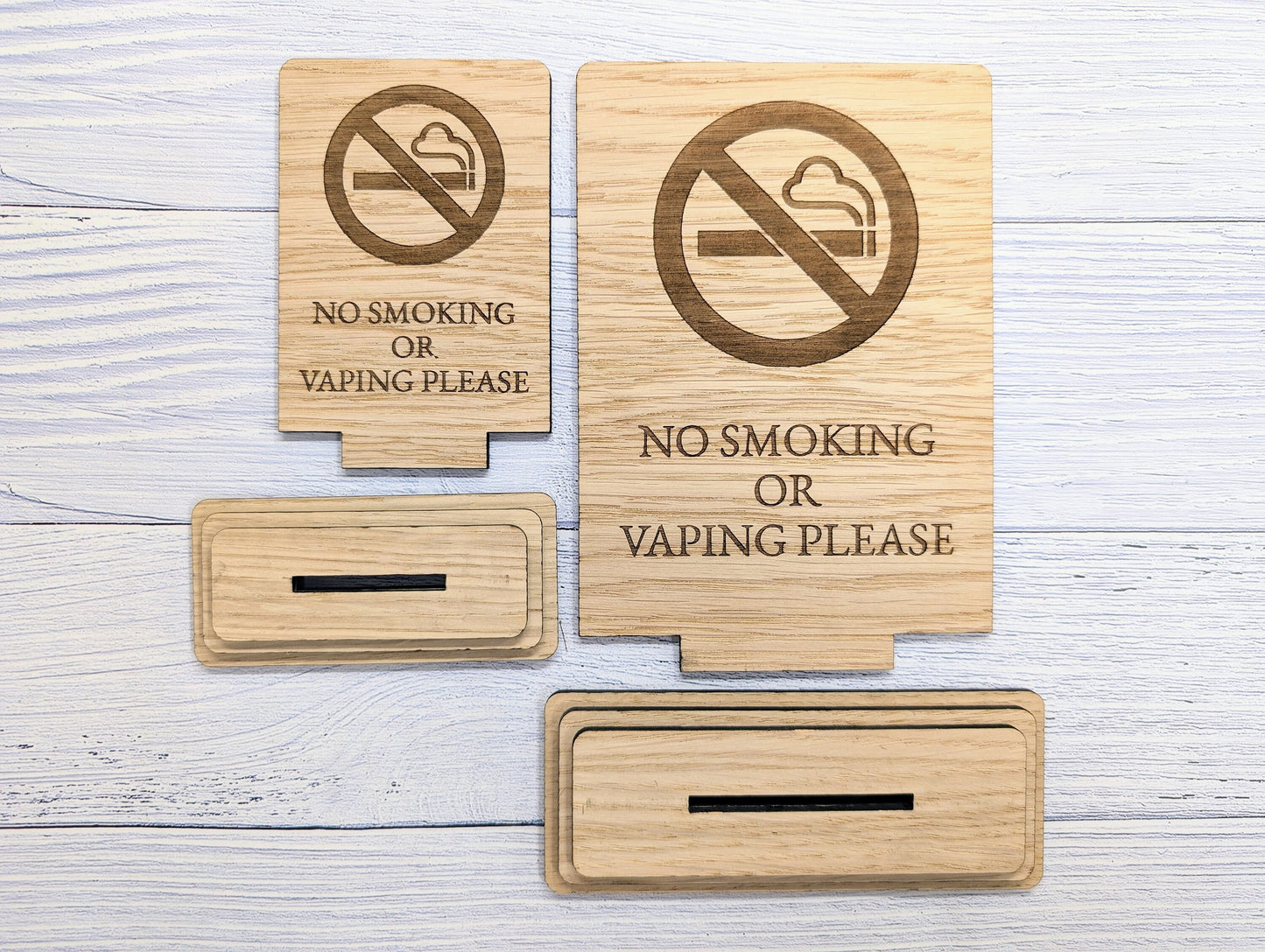 Freestanding "No Smoking or Vaping Please" Wooden Table Sign, Oak Finish, Ideal for Cafes, Restaurants & Public Spaces etc, 2 Sizes, Signage