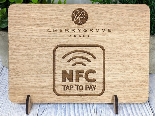 Custom NFC 'Tap to Pay' Wooden Sign - Personalised Logo, Eco-Friendly, Handmade in Wales, Oak Veneered Sign with Optional Stand