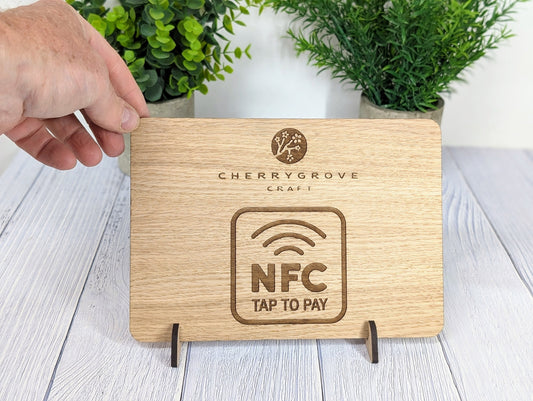Custom NFC 'Tap to Pay' Wooden Sign - Personalised Logo, Eco-Friendly, Handmade in Wales, Oak Veneered Sign with Optional Stand