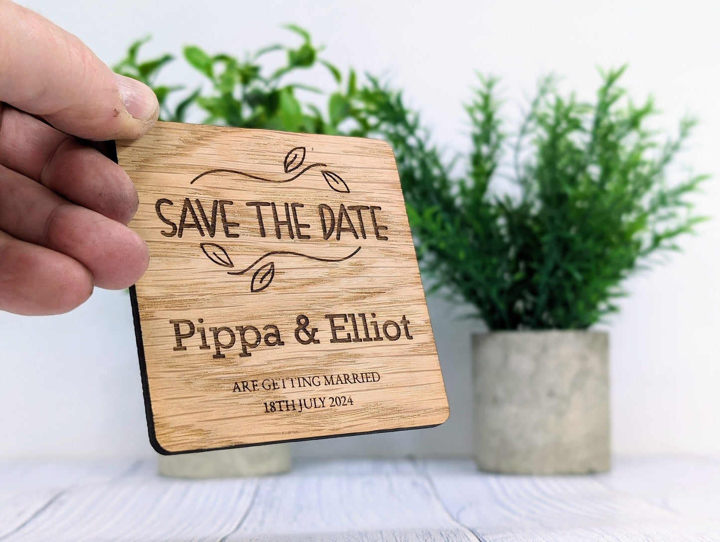 Personalised 'Save The Date' Wooden Coasters - Custom with Names & Date, 90mm x 90mm, Unique Oak Veneer Wedding Favours