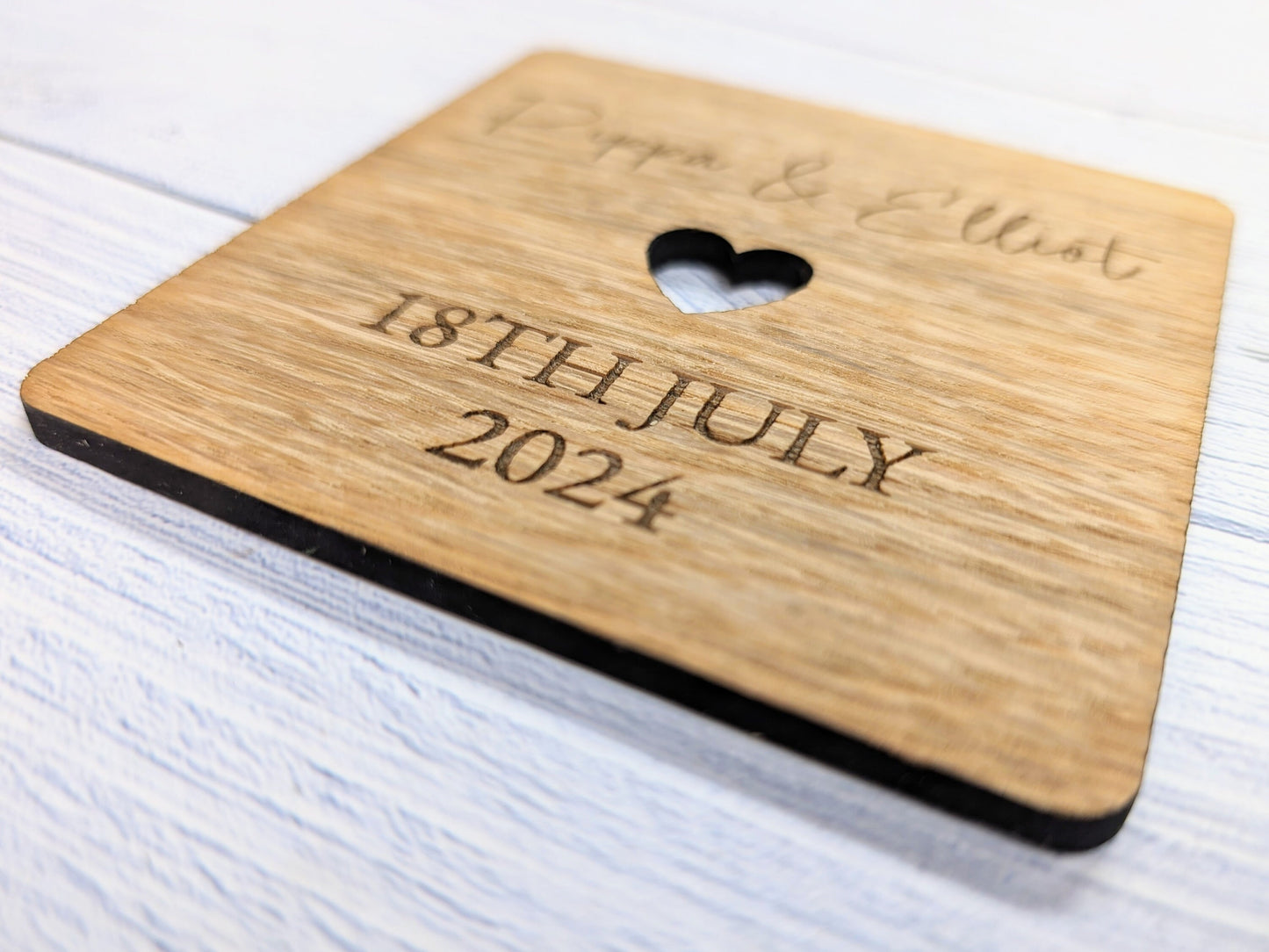 Personalised Oak Veneered Wedding Coasters - Customisable with Names, Date & Heart Design, 90mm x 90mm, Unique Wooden Wedding Favours
