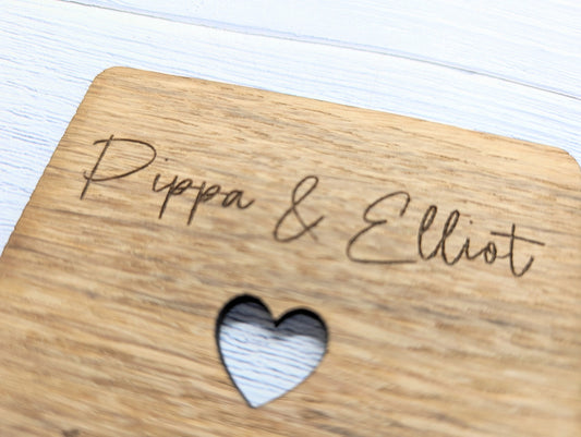 Personalised Oak Veneered Wedding Coasters - Customisable with Names, Date & Heart Design, 90mm x 90mm, Unique Wooden Wedding Favours