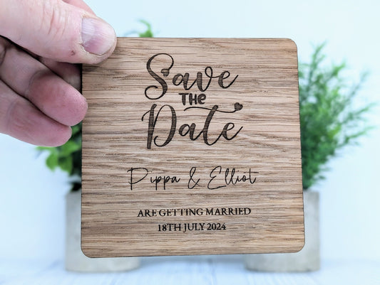 Bespoke 'Save The Date' Oak Veneered Coasters - Custom with Names & Date, 90mm x 90mm, Unique Personalised Wooden Wedding Favours
