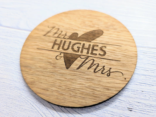 Personalised Mr & Mrs Wedding Day Wooden Coasters - Round, 100mm Diameter, with Custom Names and Date - Unique Oak Veneered Wedding Favours