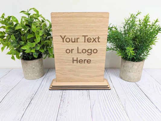 XL Personalised Wooden Table Signs - Custom Text & Logo, Freestanding with Removable Base