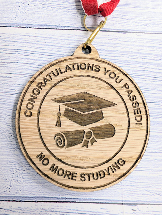 Passed Your Exams - No More Studying Wooden Medal | Graduation Hat & Certificate Design | Personalised Student Gift