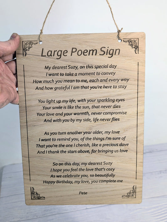 A4 Personalised Wooden Poem Sign - Custom Engraved, Ideal for Longer Poems, Home Decor, Gift for Poets, Sustainable Wood, Plastic-Free