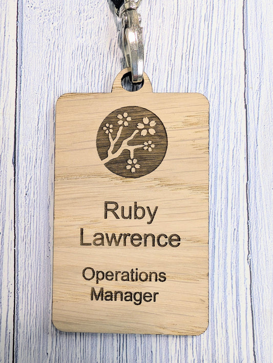 Wooden Name Badges with Lanyards, Personalised Oak Veneer Eco Staff Name Badges on Lanyards - Bulk Discounts, Staff Tags, Add Your Logo