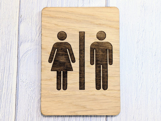Wooden Toilet Sign Male Female | Engraved Oak | Bathroom Door Plaque in 4 Sizes | Oak Veneered MDF Restroom Sign for Home or Business