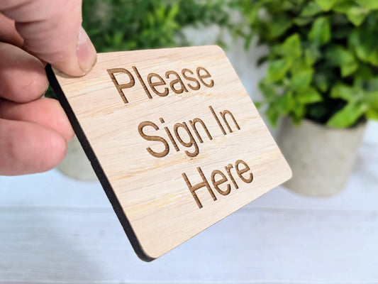 Wooden "Please Sign In Here" Guest Book Sign | Engraved Oak | For Hotels, B&Bs, Airbnbs | 4 Sizes | Wood Signing In Sign