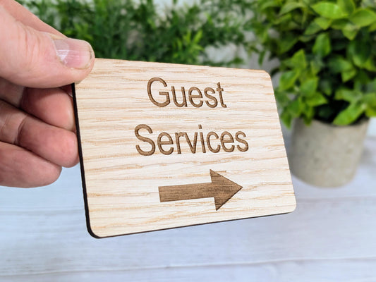 Wooden "Guest Services" Sign with Optional Arrow | Engraved Oak | For Hotels & Businesses | 4 Sizes | Personalised Text Available