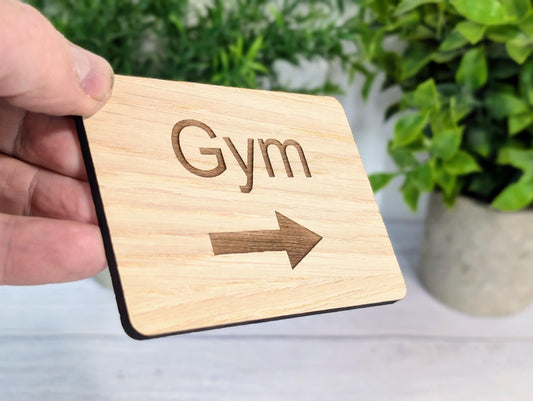 Wooden "Gym" Sign with Optional Arrow | Engraved Oak | For Home, Hotels, Fitness Clubs, Hospitality | 4 Sizes | Personalised Text Option
