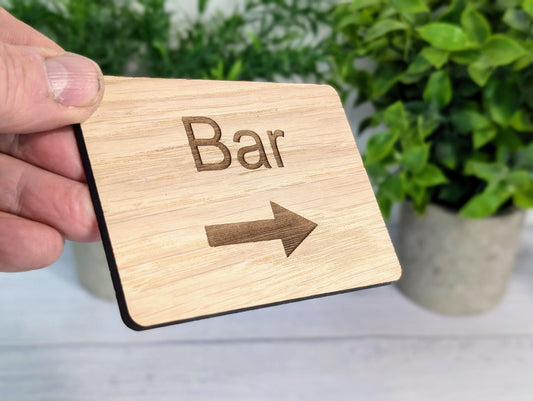 Wooden "Bar" Sign with Optional Arrow | Engraved Oak | For Homes, Pubs, Hotels, Hospitality Decor | 4 Sizes | Personalised Text Option