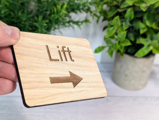 Wooden "Lift" Sign with Optional Arrow | Engraved Oak Elevator Signage | For Hotels & Businesses | 4 Sizes | Personalised Text Available