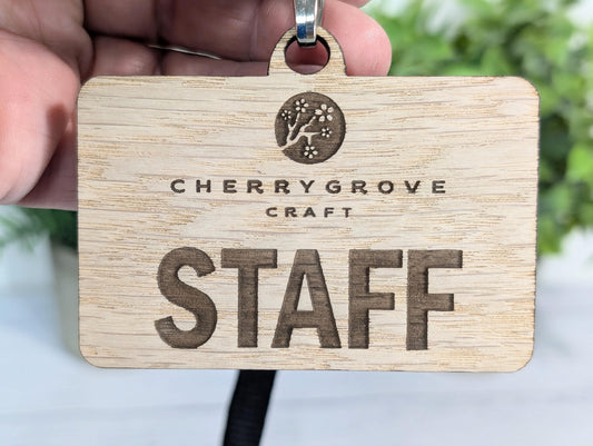 School Staff Badges with Lanyards, Personalised Slogan Oak Veneer Badges on Eco Lanyards