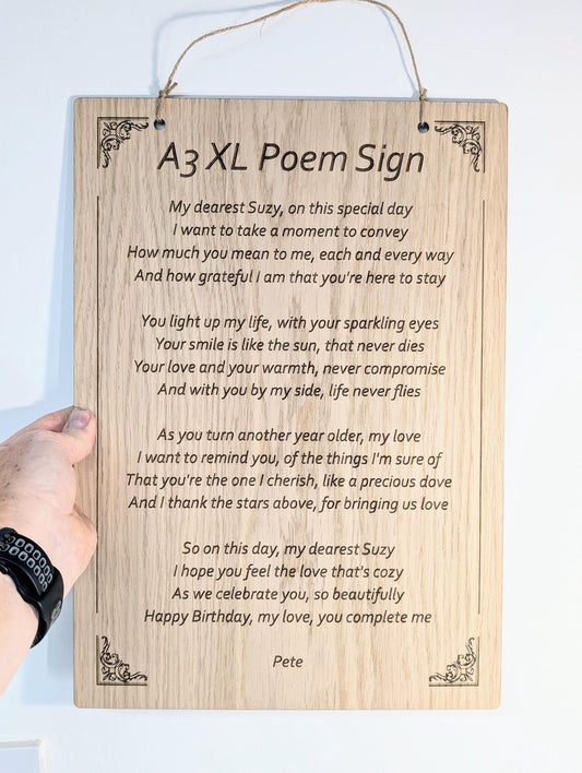 Custom A3 Wooden Poem Sign XL - Personalised Engraving, Perfect for Longer Verses, Home or Office Decor, Sustainable Timber, Eco-Friendly