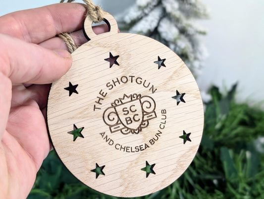 Personalised Christmas Bauble Decoration with Logo | Oak Veneer Custom Corporate Ornaments | Bulk Packs for Business Gifts | Wood Decor