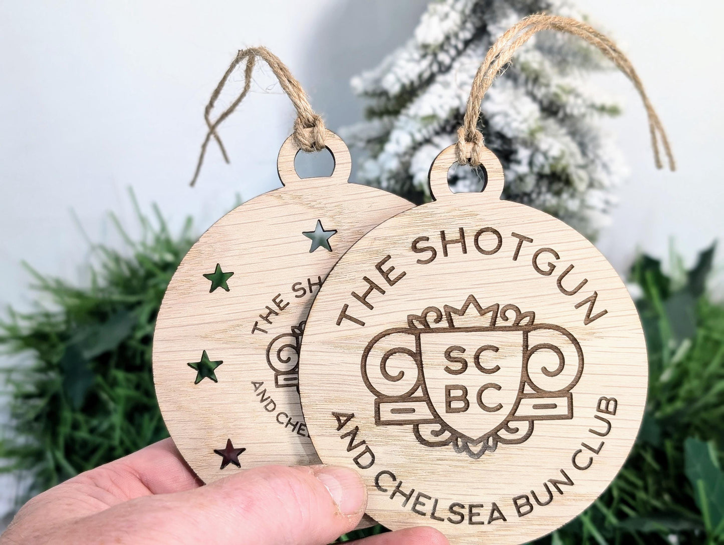 Personalised Christmas Bauble Decoration with Logo | Oak Veneer Custom Corporate Ornaments | Bulk Packs for Business Gifts | Wood Decor