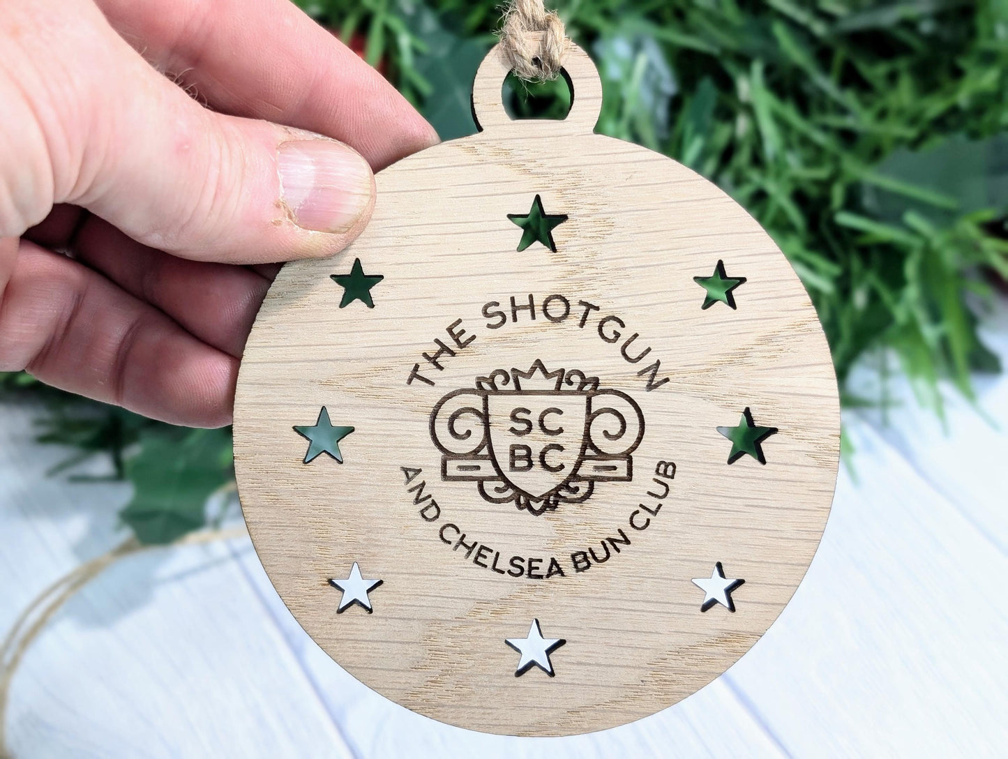 Personalised Christmas Bauble Decoration with Logo | Oak Veneer Custom Corporate Ornaments | Bulk Packs for Business Gifts | Wood Decor