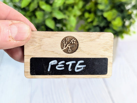 Reusable Wooden Name Badge with Wipeable Blackboard – Custom Logo & Eco-Friendly Design | Wood Name Tags | Custom Delegate Badges