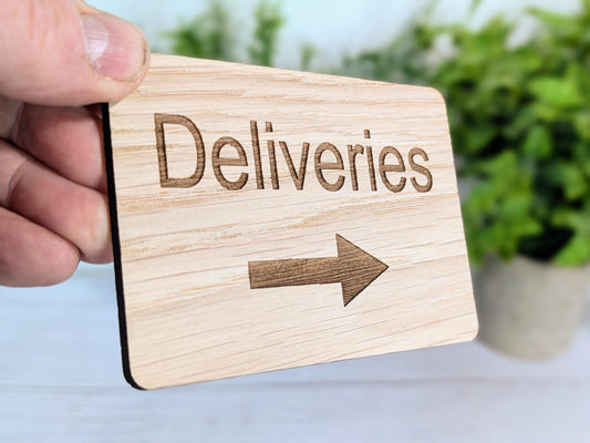 Wooden "Deliveries" Sign with Optional Arrow | Engraved Oak | For Businesses, Offices, Schools, Hotels | 4 Sizes | Personalised Text Option