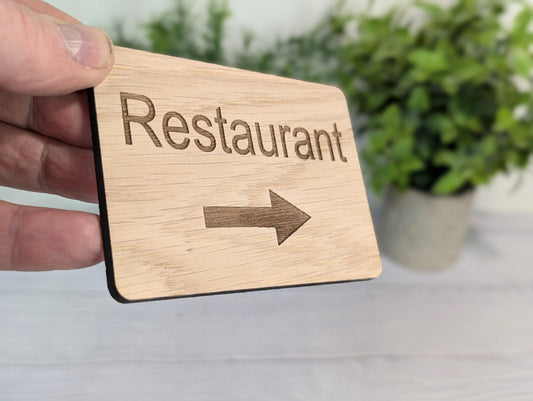 Wooden "Restaurant" Sign with Optional Arrow | Engraved Oak | For Pubs, Hotels, Hospitality | 4 Sizes | Personalised Text Option