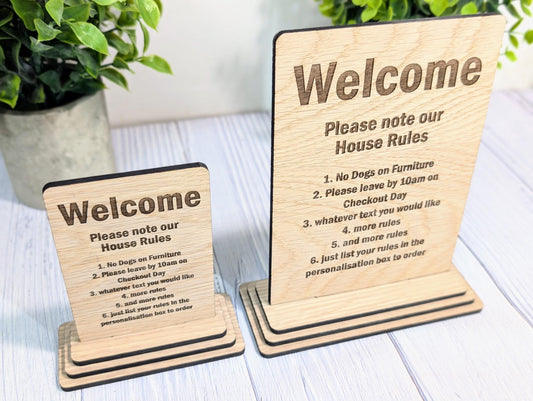 Personalised Wooden House Rules Sign – Perfect for Your Home, Rental Properties, Holiday Homes, B&Bs | Wood Table Signage | Two Sizes