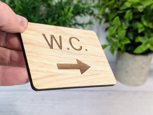 Wooden WC Toilet Sign | Engraved Oak | Bathroom Door Plaque in 4 Sizes | Oak Veneered MDF Restroom Bathroom W.C. Sign for Home or Business