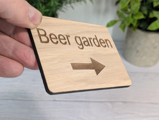 Wooden "Beer Garden" Indoor Sign with Optional Arrow | Engraved Oak | For Pubs, Hotels, Hospitality | 4 Sizes | Personalised Text Option