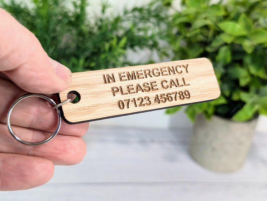 ICE Keyring - In Case of Emergency - Oak 90x25mm | Personalised with Your Phone Number | Eco-Friendly | Customisable Wooden Keyfob