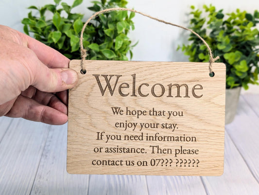 Welcome, We Hope You Enjoy Your Stay | Guest Contact Info Sign | Wooden Airbnb Key Safe Sign | Emergency Contact Details
