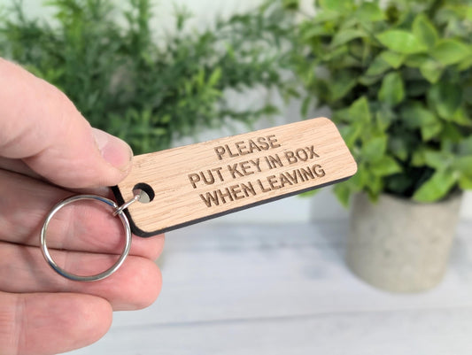 Please Put Key in Box When Leaving - Oak Keyring 90x25mm | Sustainable Wood | Handmade in Wales | Eco-Friendly Reminder | AirBnB Idea