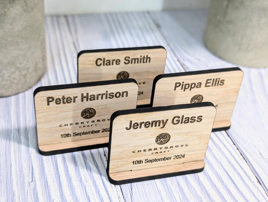 Wooden Name Place Cards, Personalised | Corporate & Charity Events | Freestanding Custom Signs with Logo | Sustainable Oak Veneer Decor