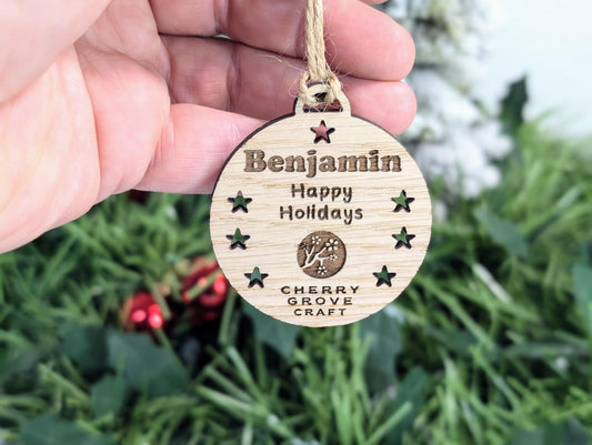 Personalised Christmas Baubles for Businesses | Engraved Oak Veneer Decorations | Custom Bulk Orders for Employees or Clients
